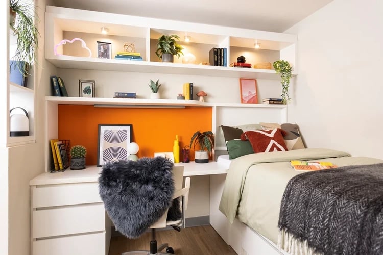 Desk chair bed shelves and plants bedroom at Drapery Place in London Student Accommodation