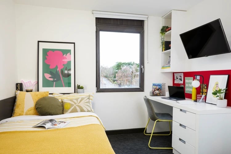 Bed desk chair artwork and TV bedroom at Athena Studios in Birmingham Student Accommodation