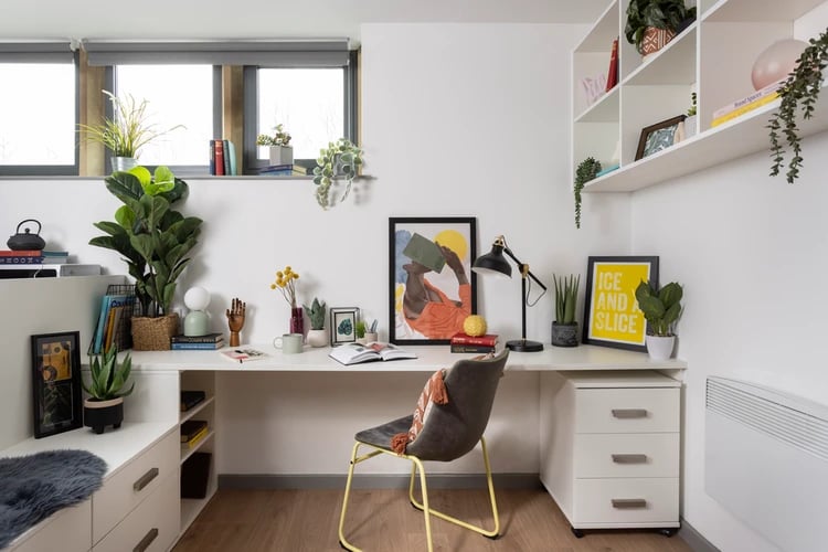 Desk plants lamp artwork chair drawers study area at St Vincents Place in Sheffield Student Accommodation