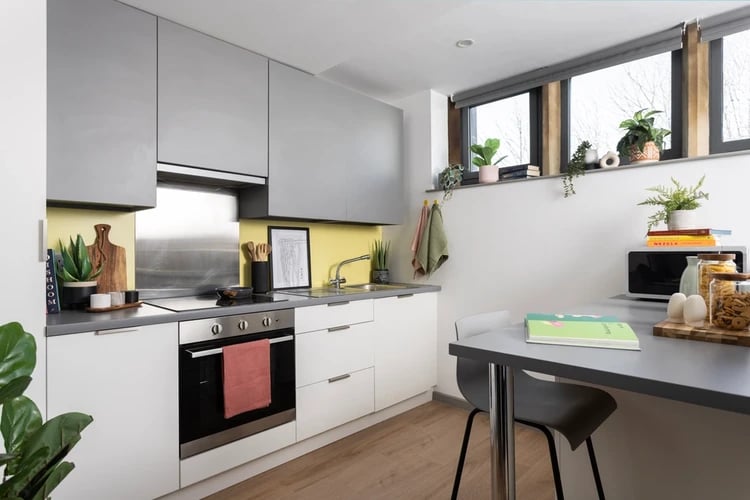 Modern kitchen with grey cabinets stove microwave kitchen at St Vincents Place in Sheffield Student Accommodation