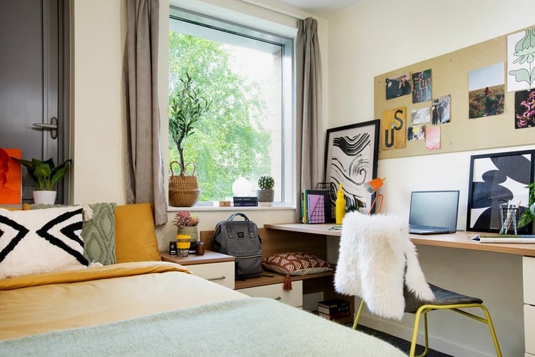 Bed desk chair and artwork student accommodation bedroom at Moonraker Point in London Student Accommodation