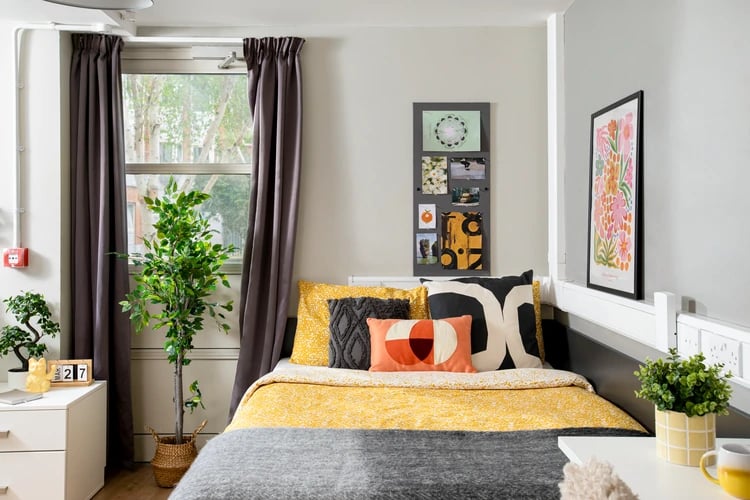 Bed with yellow bedding plants and art bedroom at East Central House in London Student Accommodation