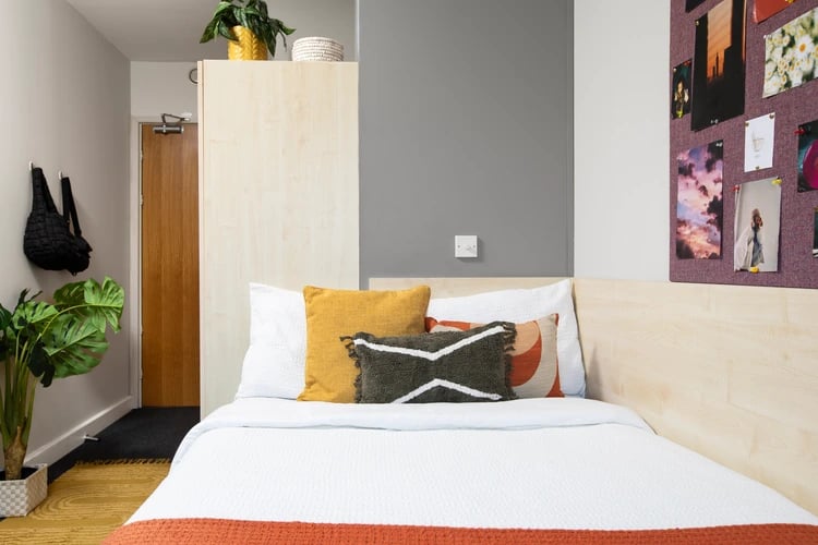 Bed with pillows plant and door Bedroom at Beaumont Court in London Student Accommodation