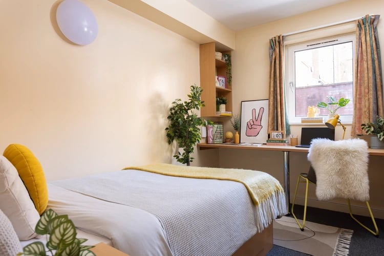 Bed desk plant and chair student bedroom at Moorfield in Liverpool Student Accommodation
