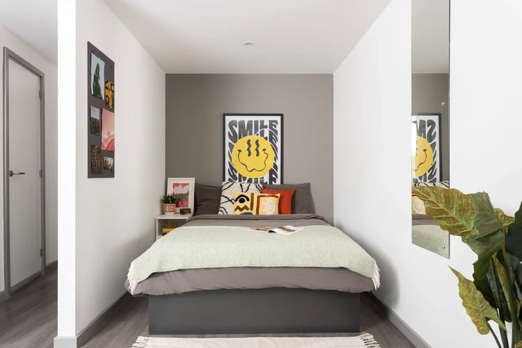Bed with smiley face art and plants bedroom at Newgate Court in Newcastle Upon Tyne Student Accommodation