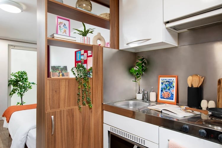 Bed study kitchen area at Student Living Heights in London Student Accommodation