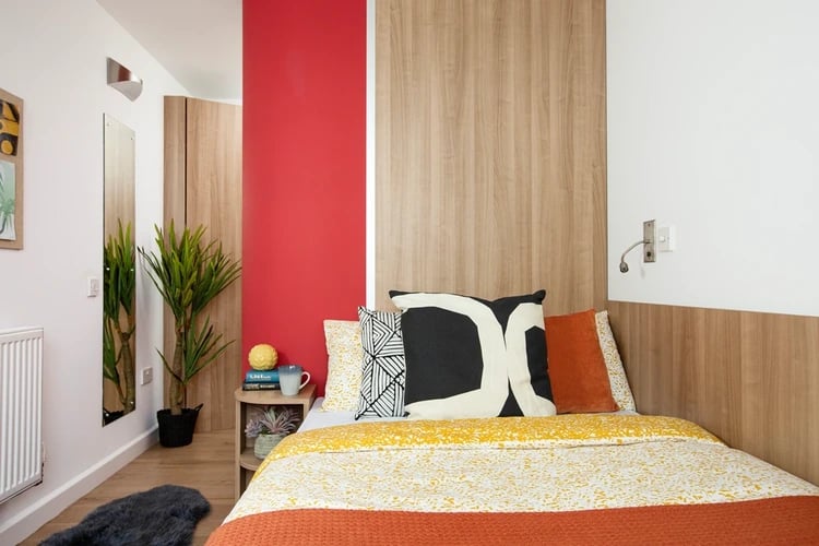 Bed with decorative pillows bedside table with plant bedroom at North Lodge in London Student Accommodation