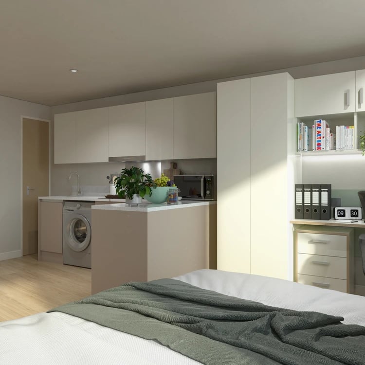 Studio apartment with kitchen and bed. at Broadcasting Tower in Leeds Student Accommodation
