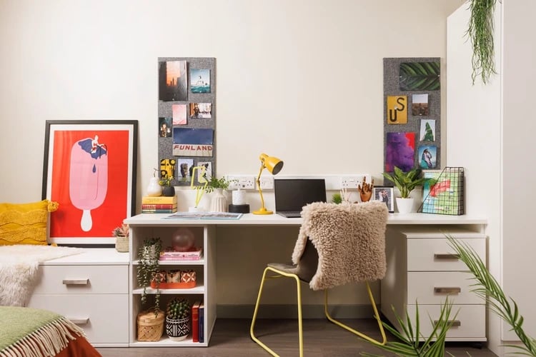 Desk with laptop art and chair study area at The Old Printworks in Edinburgh Student Accommodation