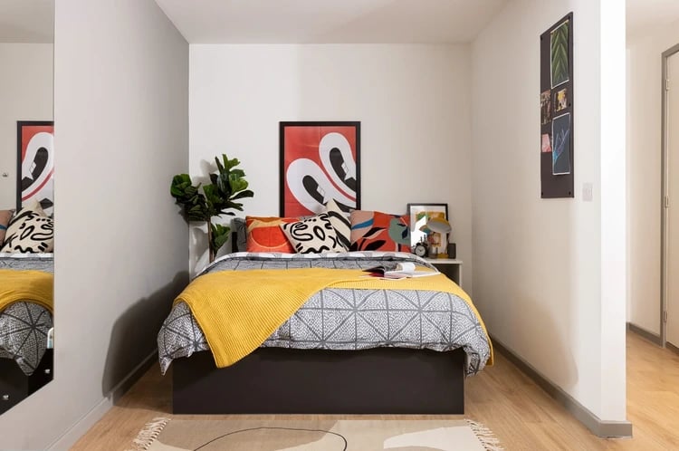 Bed with pillows artwork plants and mirror bedroom at White Rose View in Leeds Student Accommodation