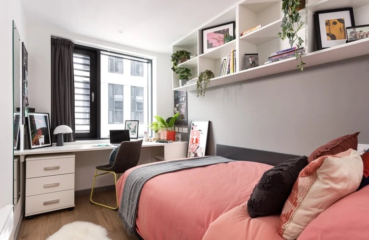 Desk bed shelving plants and decor bedroom at White Rose View in Leeds Student Accommodation