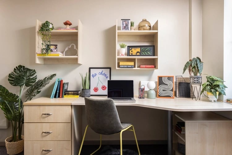 Desk with plants laptop chair shelving study area at The Plaza in Leeds Student Accommodation