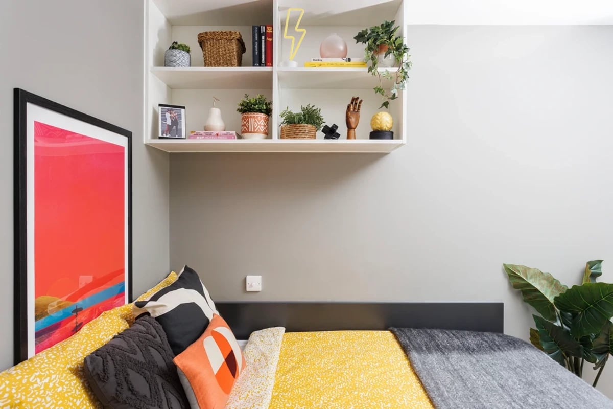 Framed artwork bed pillows shelves with decor bedroom at Houghall Court in Durham Student Accommodation