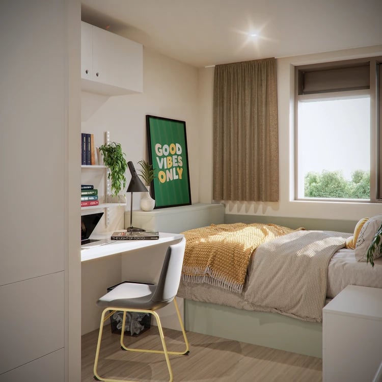 Bed desk shelves poster window bedroom at Burnet Point in Edinburgh Student Accommodation
