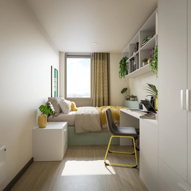 Bed desk plants and shelves bedroom at Burnet Point in Edinburgh Student Accommodation