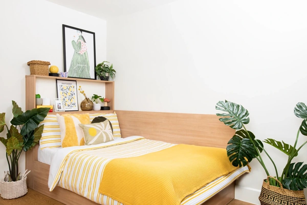 Bed with yellow bedding and plants bedroom at Kelvin Court in Glasgow Student Accommodation