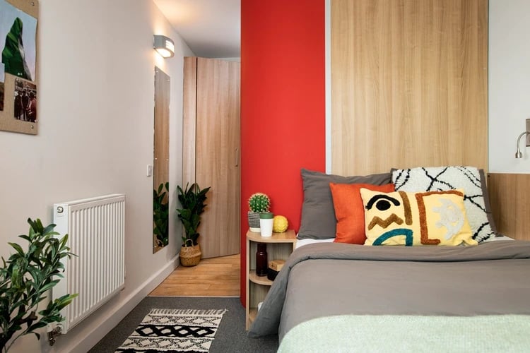 Bed with colorful pillows and plant bedroom at Wellington Lodge in London Student Accommodation