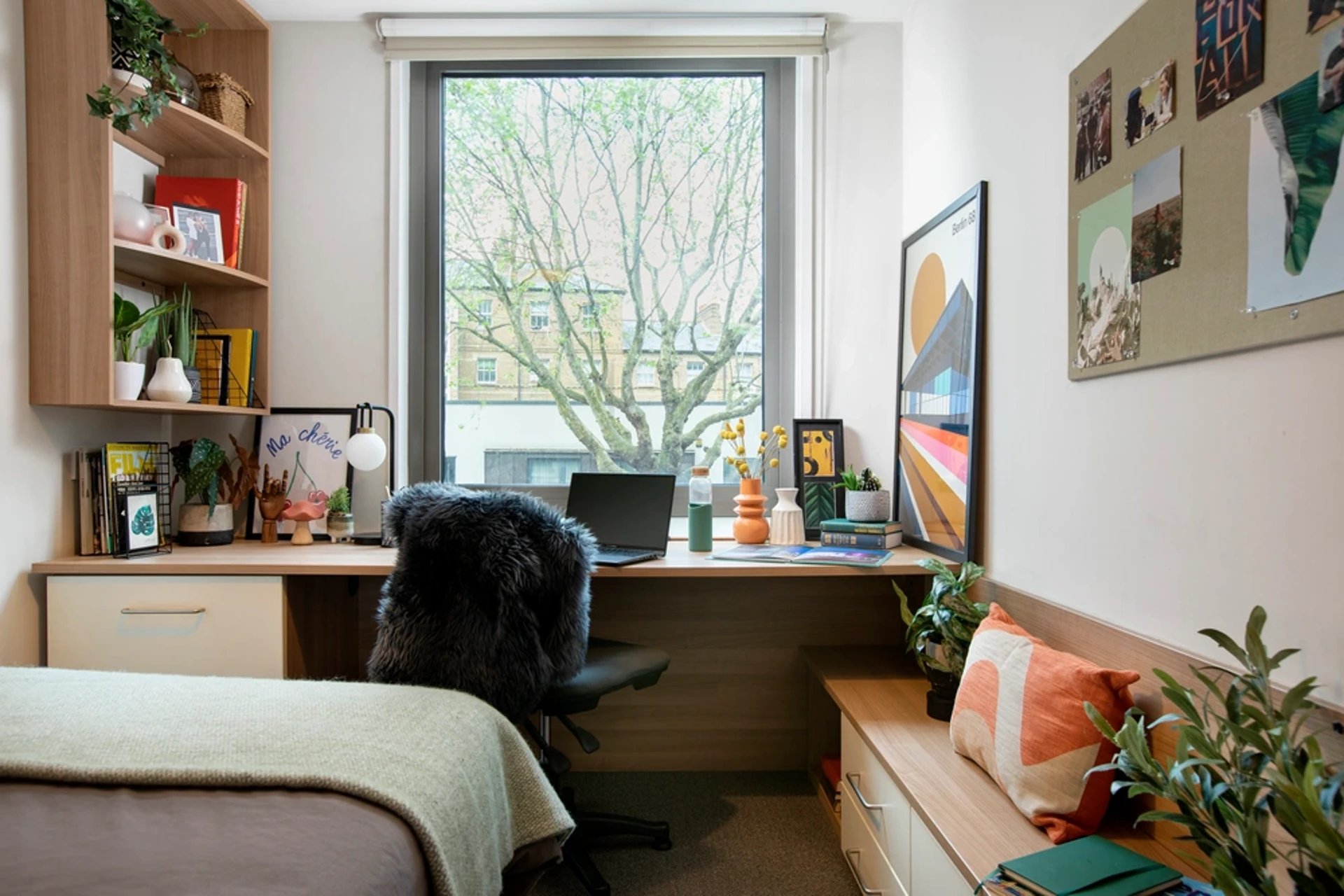 Desk chair laptop shelves bed study area at Wellington Lodge in London Student Accommodation