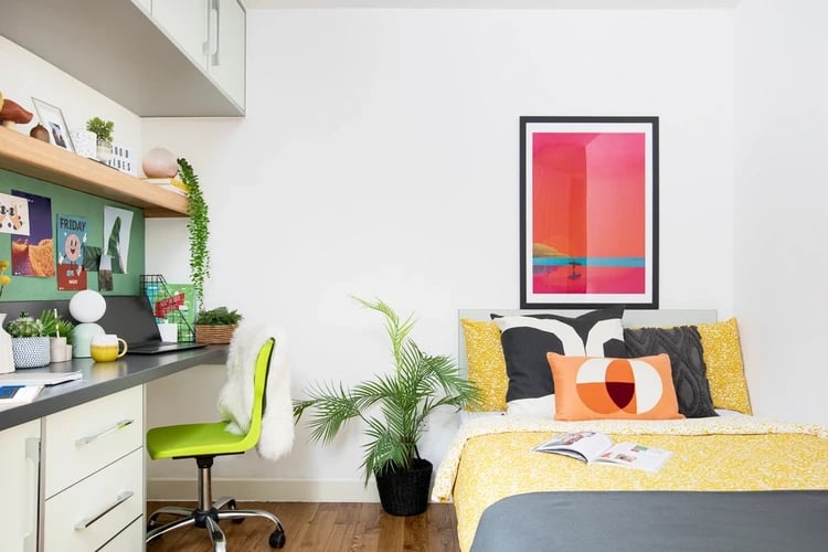 Desk bed with art and plants bedroom at Tramworks in Glasgow Student Accommodation