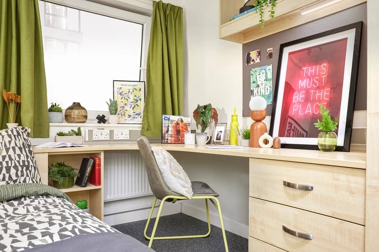 Bed desk chair plants and framed artwork study area at Harriet Martineau in Birmingham Student Accommodation