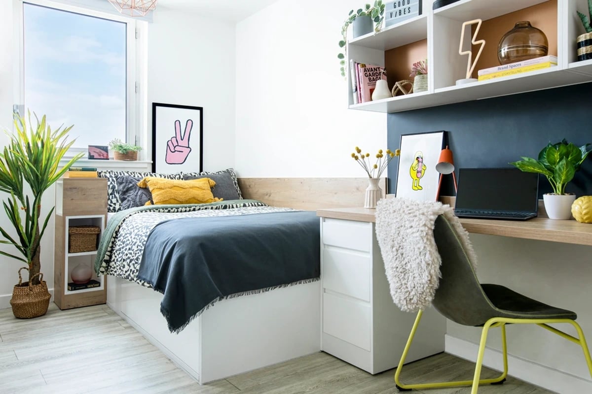 Bed desk plants laptop art and shelves bedroom at Walmsley Studios in London Student Accommodation