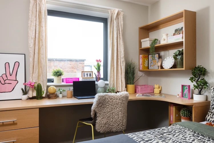 Desk with laptop plants and artwork bedroom at Waterways in Loughborough Student Accommodation