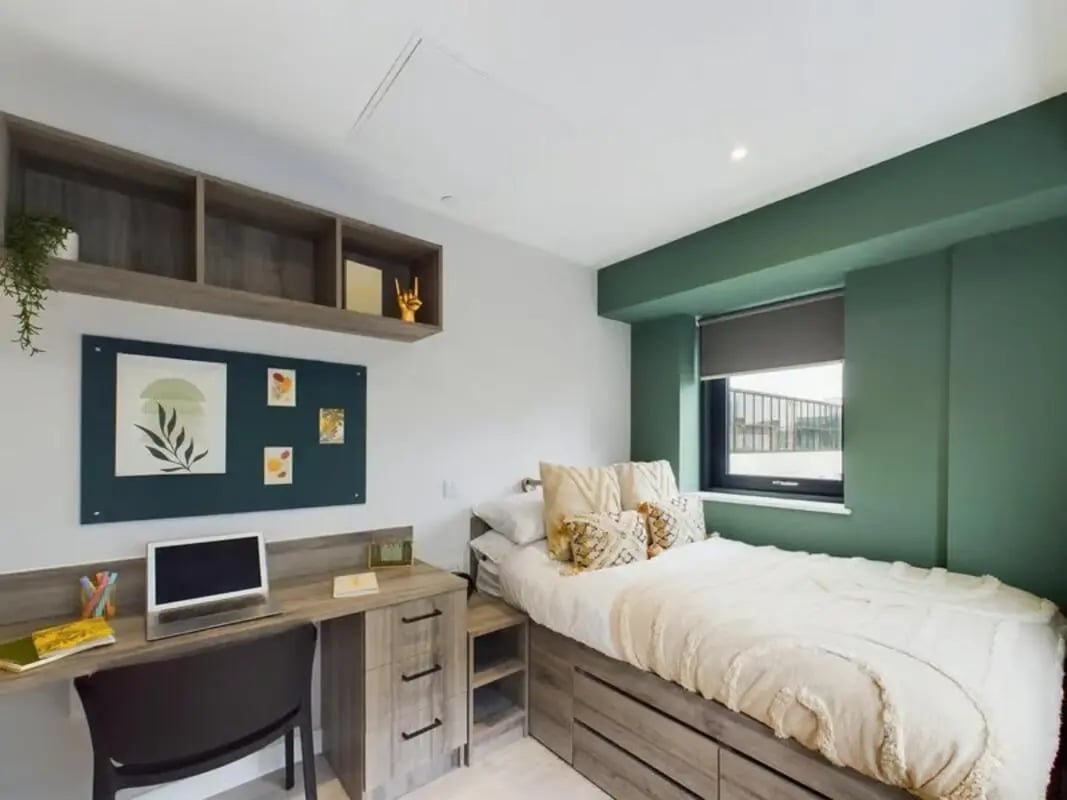 Bed desk shelves and bulletin board bedroom at Crown Place - Nottingham in Nottingham Student Accommodation