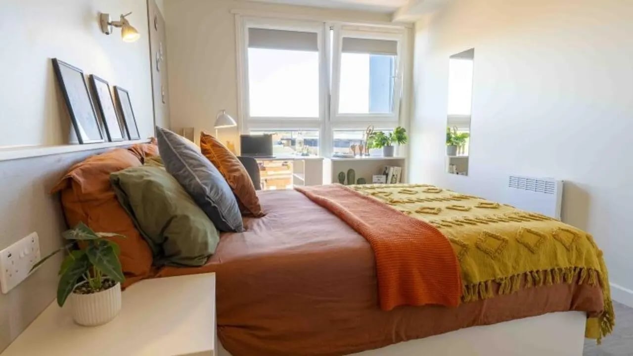 Bed with colorful pillows desk and plants bedroom at iQ Kerria Apartments in Manchester Student Accommodation