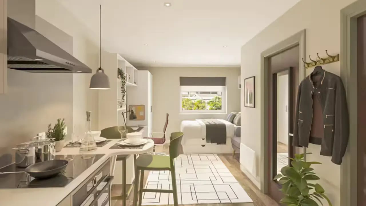 Kitchen dining area and bedroom studio apartment at Trippet Lane in Sheffield Student Accommodation