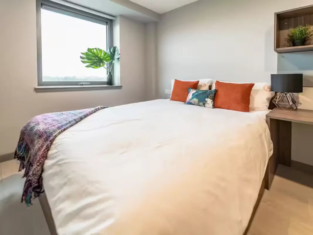 Bed with orange pillows and desk Bedroom at Scotway House in Glasgow Student Accommodation