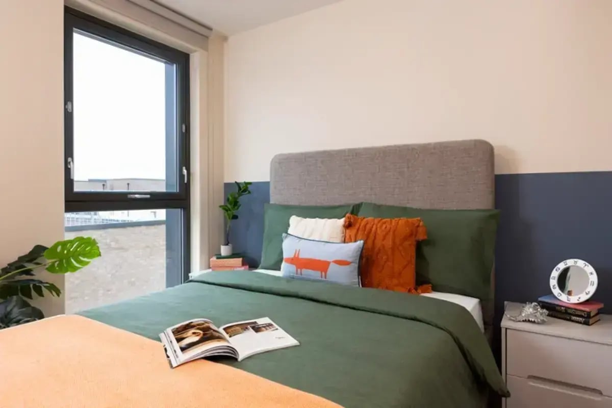 Bed with pillows books plants and window bedroom at Burnet Court in Edinburgh Student Accommodation