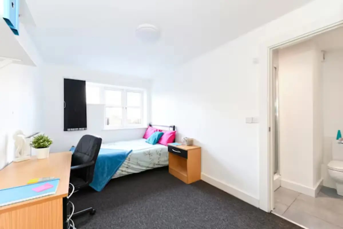 Bed desk chair plant pillows nightstand and bathroom bedroom at Brookland Road in Leicester Student Accommodation