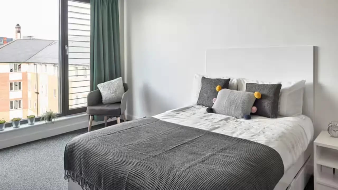 Bed with pillows blanket chair window plants bedroom at Selly Oak Apartments in Birmingham Student Accommodation