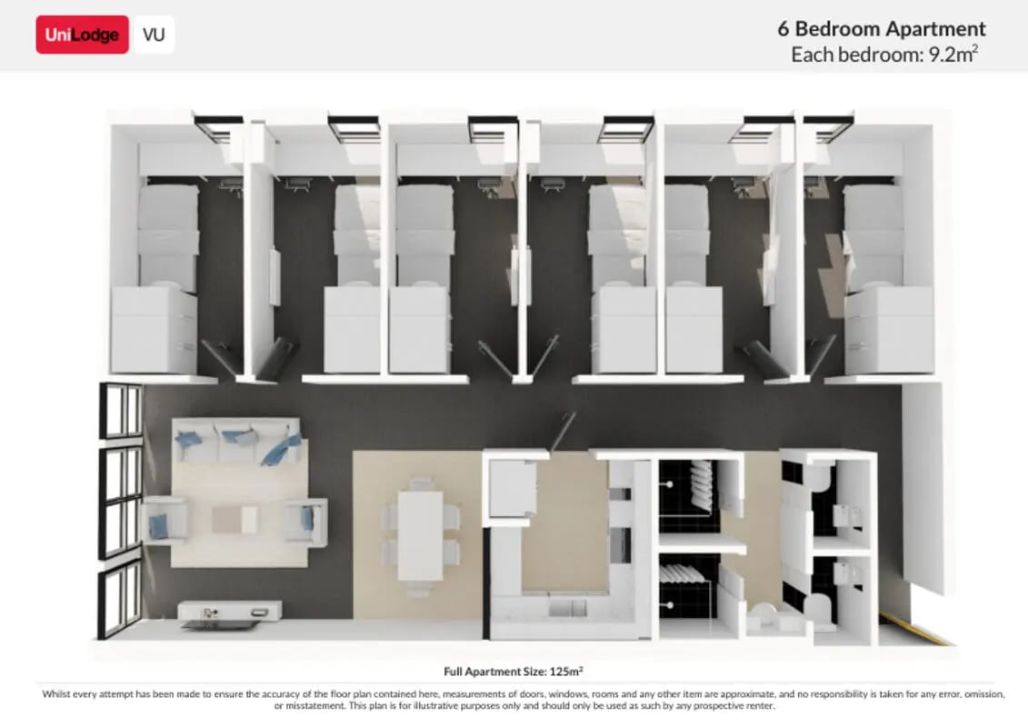 Six beds desks closets living dining kitchen bathroom exterior at UniLodge Victoria University in Melbourne Student Accommodation