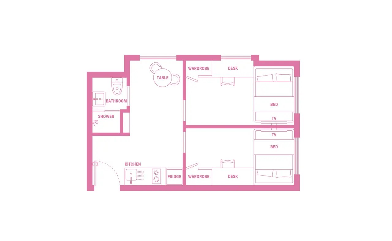 Bathroom kitchen table beds desks wardrobe floor plan at Scape Ascot in Sydney Student Accommodation