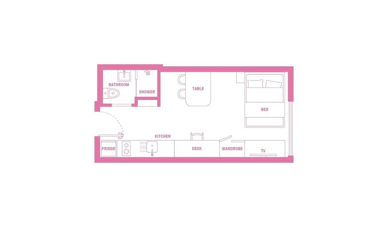 Floor plan with kitchen bed desk wardrobe and bathroom at Scape Ascot in Sydney Student Accommodation