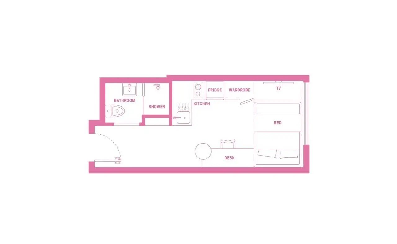 Bathroom kitchen bed desk living room floor plan at Scape Ascot in Sydney Student Accommodation