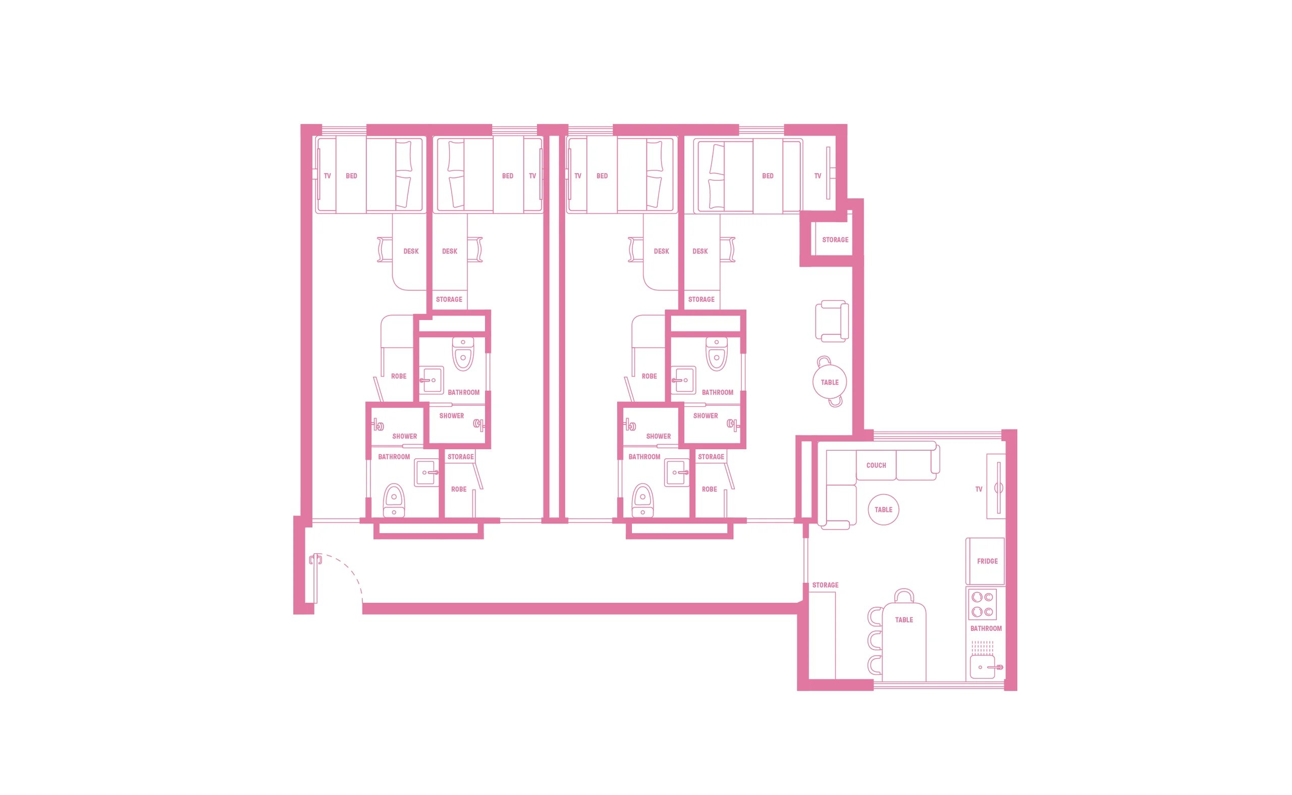 Floor plan with beds desks bathrooms and living room at Scape Lachlan in Sydney Student Accommodation