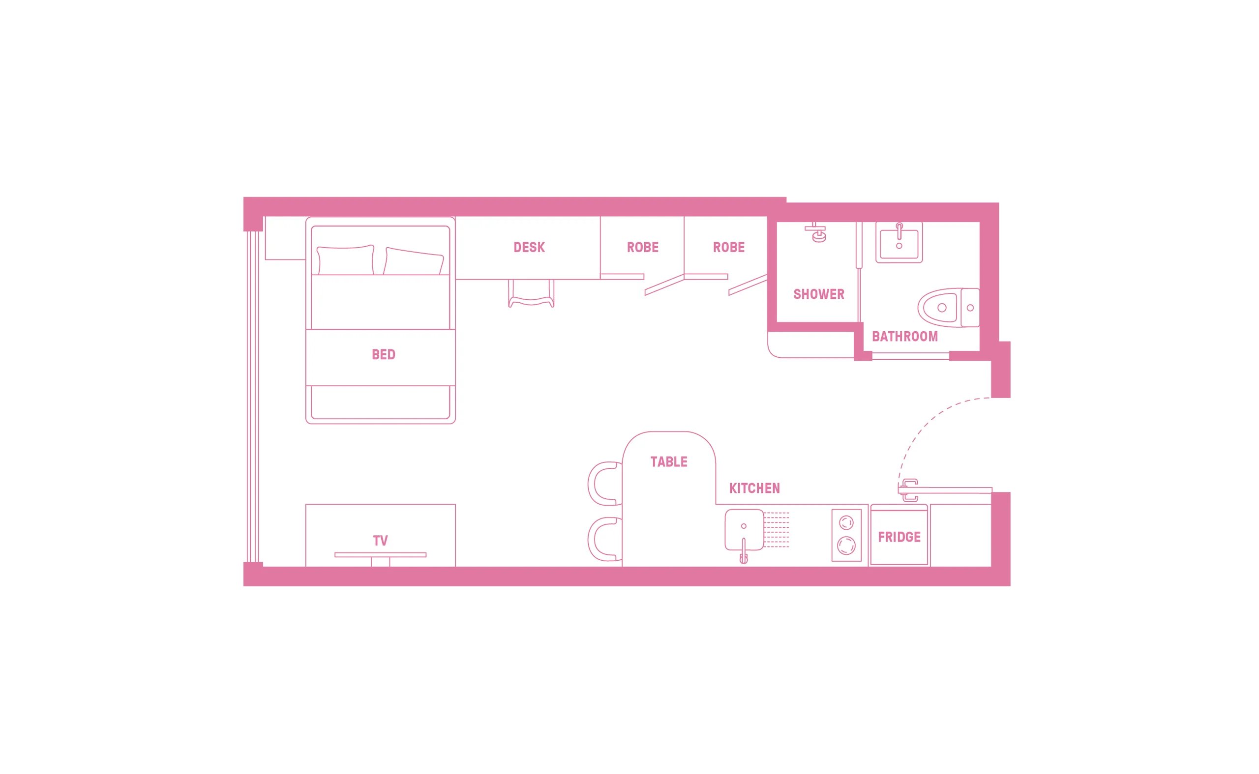 Bed desk robes kitchen and bathroom blueprint at Scape Lachlan in Sydney Student Accommodation