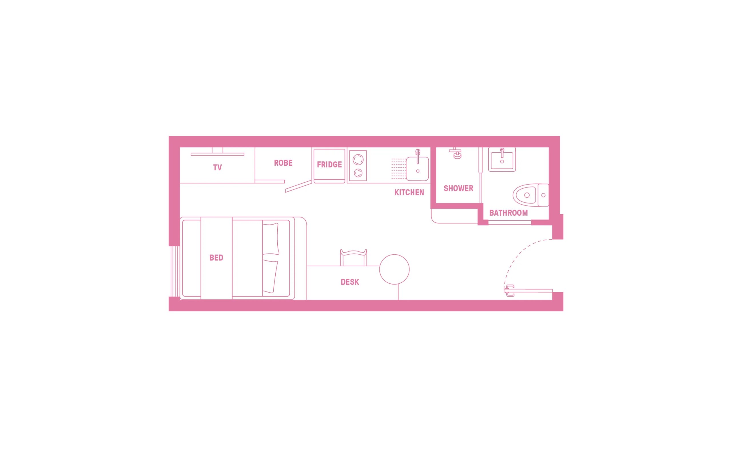 Bed robe fridge desk kitchen bathroom floor plan at Scape Lachlan in Sydney Student Accommodation