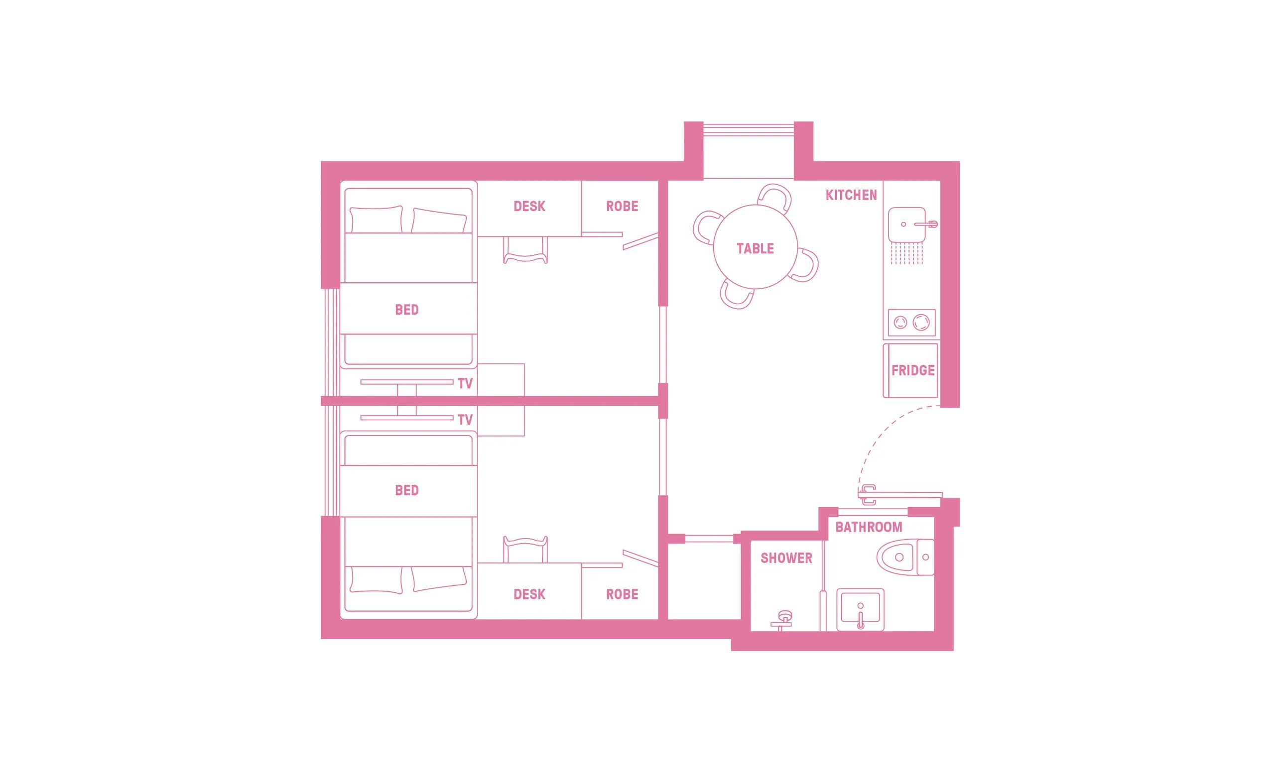 Two beds desks robes kitchen bathroom floor plan at Scape Lachlan in Sydney Student Accommodation