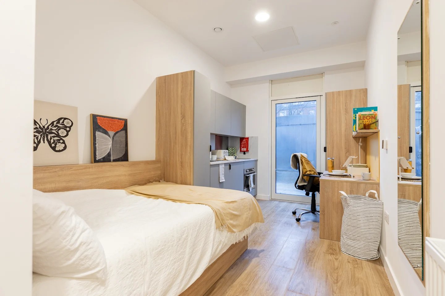 Bed kitchen desk and storage student studio at Beckton House in Nottingham Student Accommodation