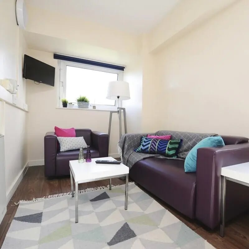 Purple sofa armchair coffee table rug living room at John Lester and Eddie Colman Courts in Salford Student Accommodation