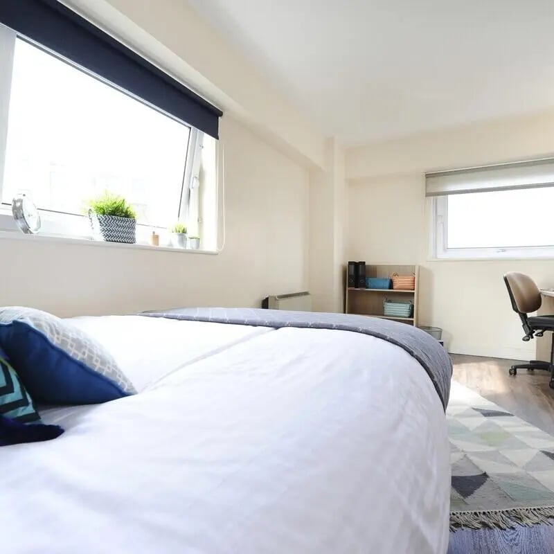 Bed desk plants and shelving Bedroom at John Lester and Eddie Colman Courts in Salford Student Accommodation