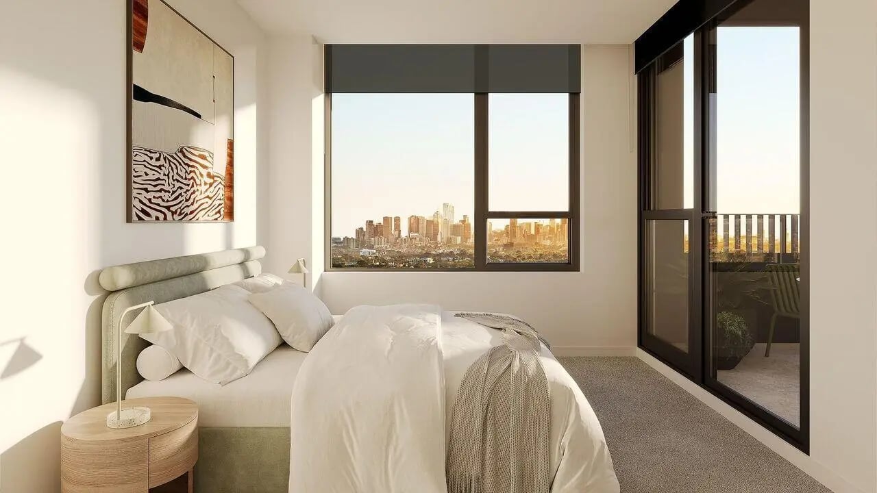Bed side table artwork and bed bedroom at WeAreLiving Preston in Melbourne Student Accommodation