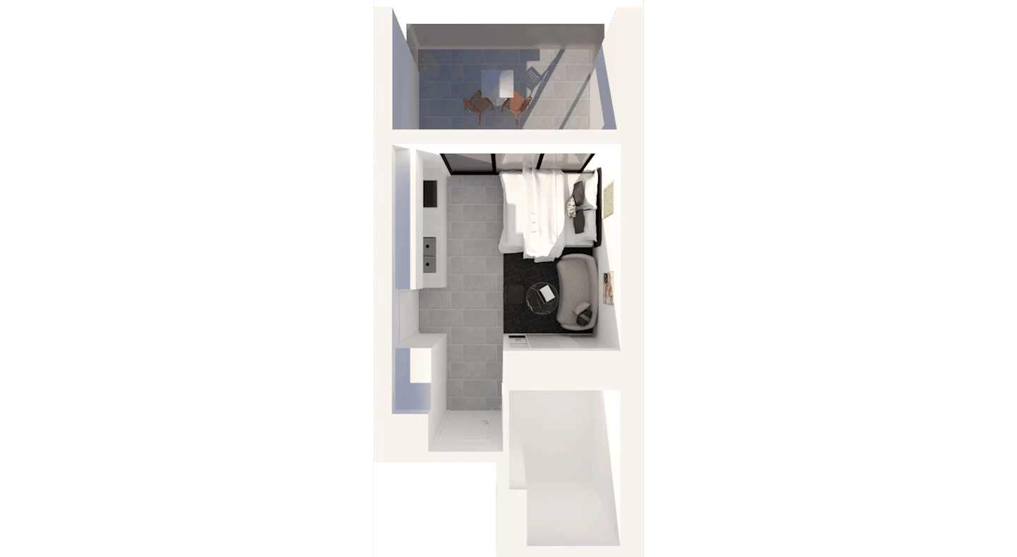 Bed armchair desk kitchen and bathroom bedroom at UKO Rosebery in Sydney Student Accommodation