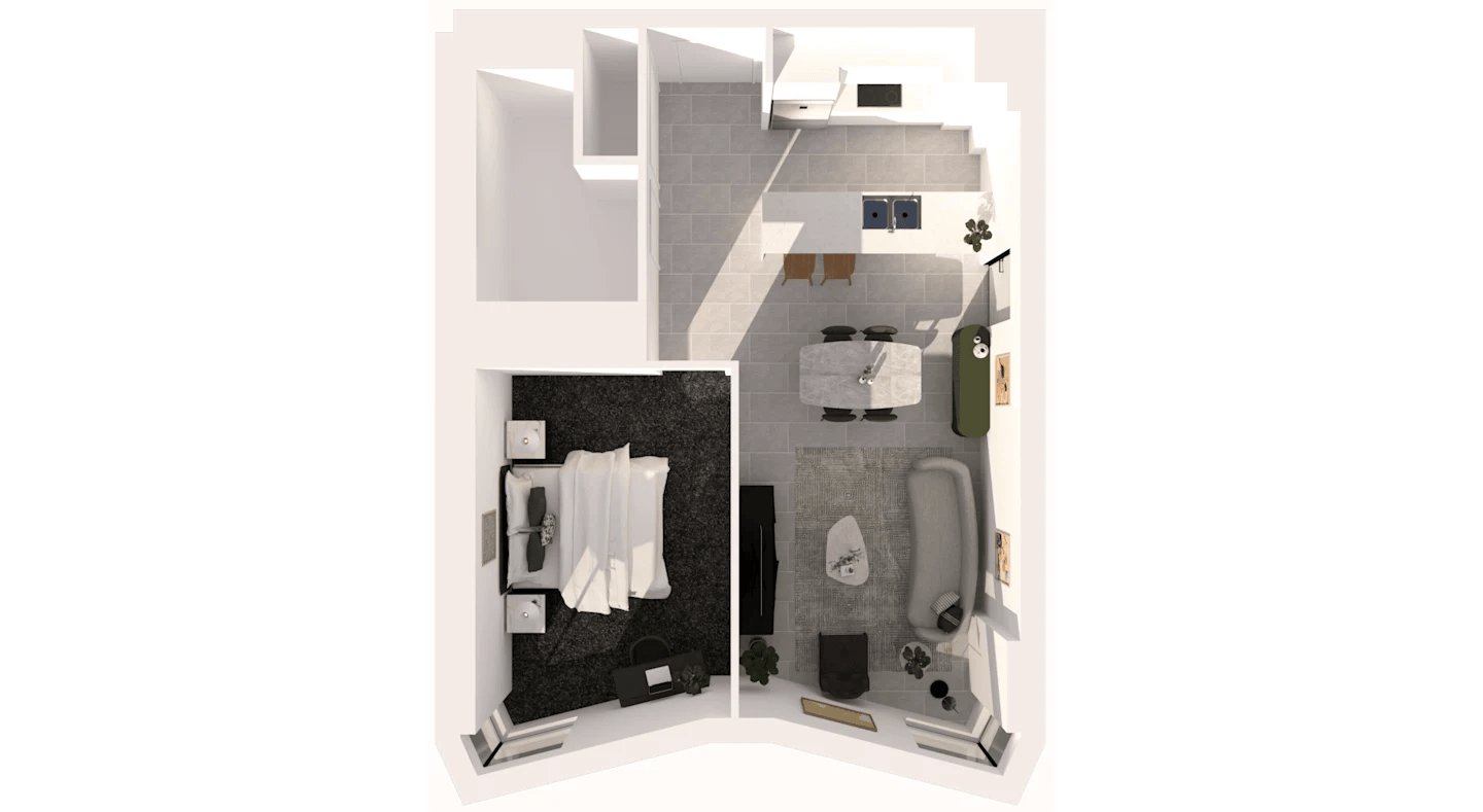 Bed sofa kitchen table and chairs layout living room at UKO Rosebery in Sydney Student Accommodation