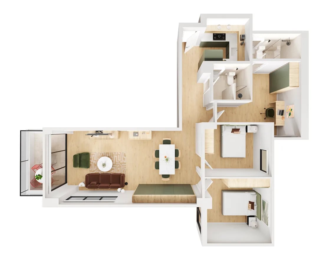 Living room kitchen two bedrooms bathroom floor plan at UKO Parramatta Central in Sydney Student Accommodation