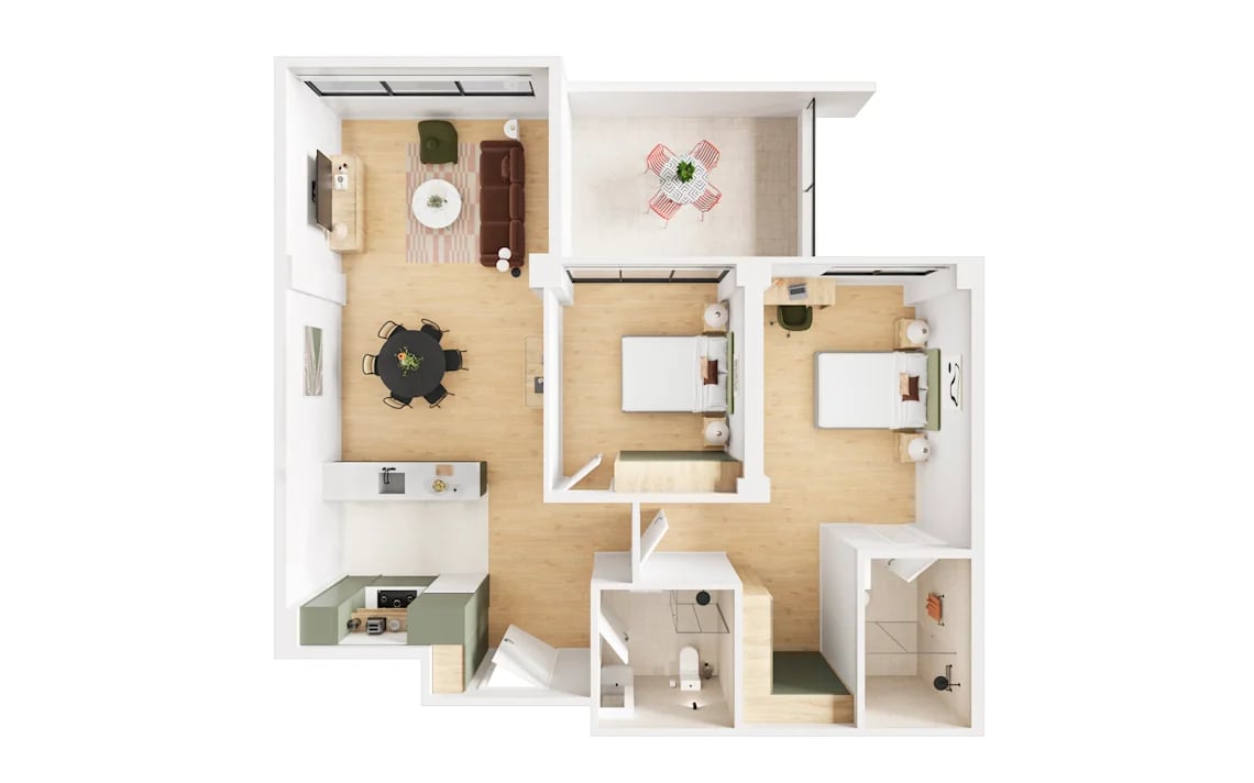 Living area two bedrooms kitchen bathroom balcony floor plan at UKO Parramatta Central in Sydney Student Accommodation