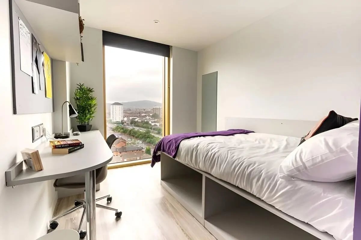 Bed desk plant window city view bedroom at 123 York Street in Belfast Student Accommodation